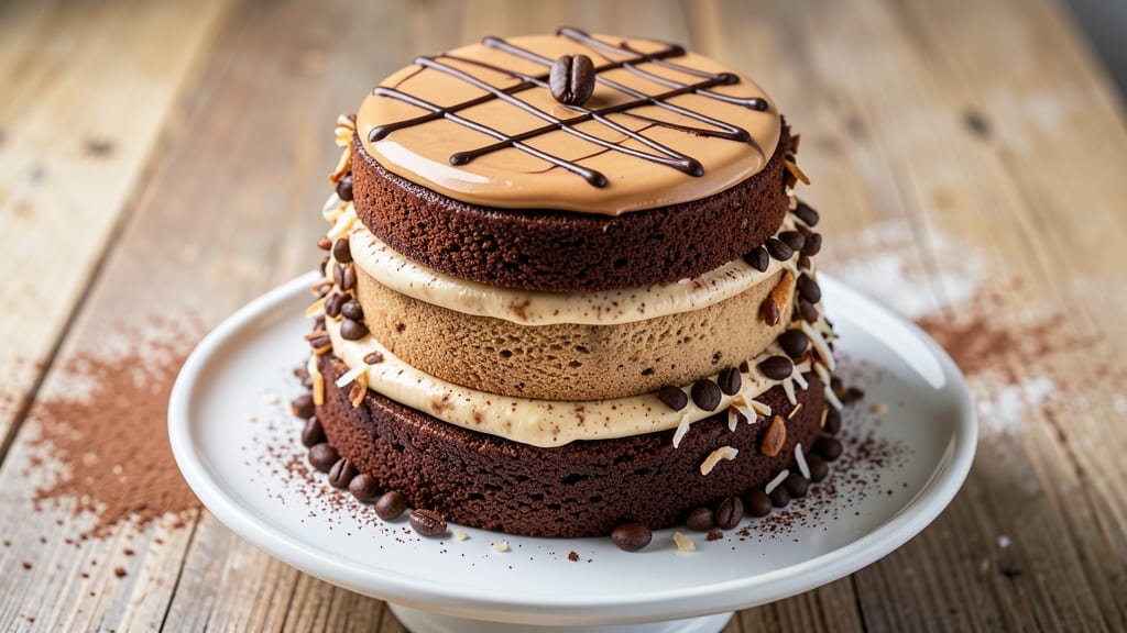 Café Latte German Chocolate Cake Recipe: Coffee-Infused Layers With Walnut-Caramel Crunch