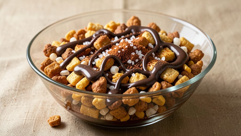 Chex Mix Recipe With Chocolate Drizzle: Crunchy Trio With Sweet Molten Rivers